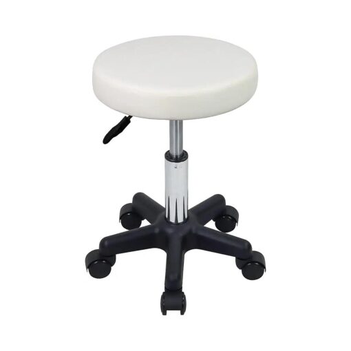 Round Rolling Stool Height Adjustable Stool with Wheels for Spa Salon Massage White