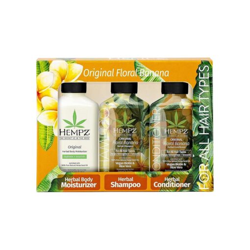 HEMPZ Original Shampoo, Conditioner, and Body Lotion Trio Set - Floral & Banana - Hair & Skin Care Product Pack, Hemp Seed Oil - 2.25 fl oz, 3-Pack Bundle