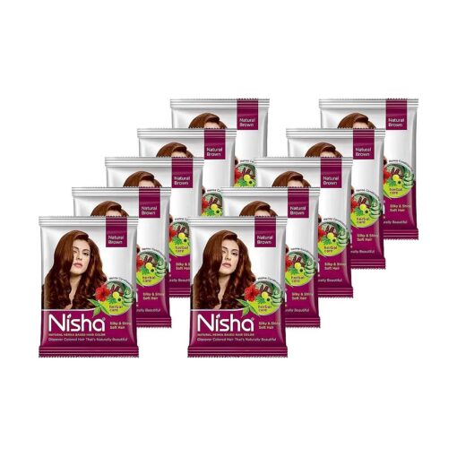 Nisha Hair Color Dye Henna Based Natural Hair Color Powder Without Ammonia Natural Brown Colour 15Gm Pack of 10