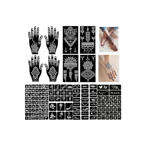 Pack of 12 Henna Temporary Tattoo Stencil Kit - 145Pcs Glitter Airbrush Tattoo Sticker Indian Arabian Black Henna Tattoo Temp for Women Kids