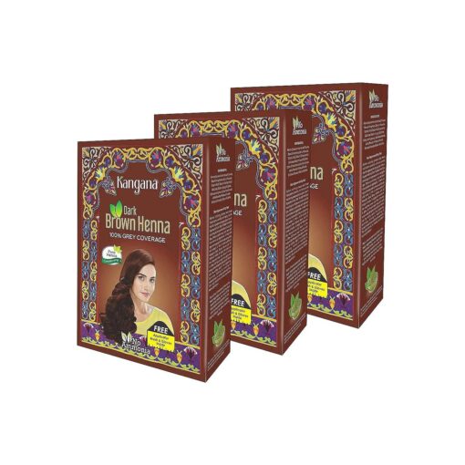 Kangana Henna Powder for Hair Dye/Colour - Dark Brown Henna Powder for 100 % Grey Coverage- 6 pouches each - Total 180g ( 6.34 Oz ) - Pack of 3