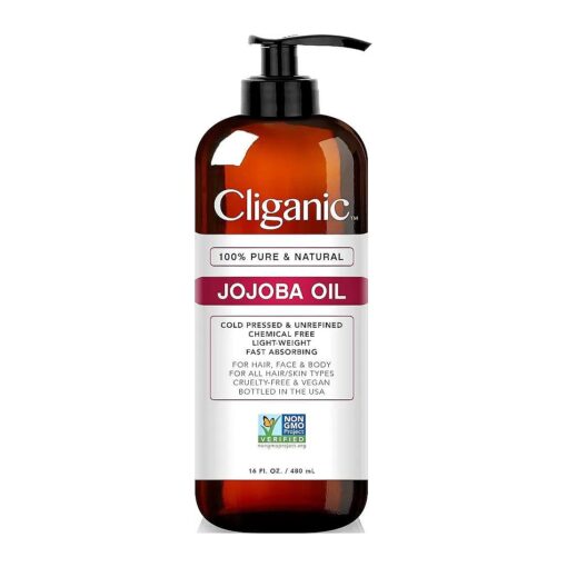 Cliganic Jojoba Oil Non-GMO, Bulk 16oz | 100 % Pure, Natural Cold Pressed Unrefined Hexane Free Oil for Hair & Face