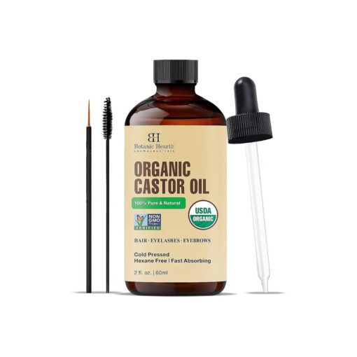 Botanic Hearth Castor Oil | USDA Certified Organic |100 % Pure & Hexane Free | Cold Pressed | Growth for Eyelashes, Eyebrows, Hair | With Eyebrow & Eyelash Brush | 2fl oz