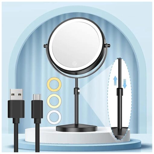 Gospire 8.5" Lighted Makeup Mirror with Magnification, Adjustable Brightness & Height, 3 Light Colors, 360deg Rotation, 10X Magnifying Mirror with Light, LED Vanity Mirror for Women - Black