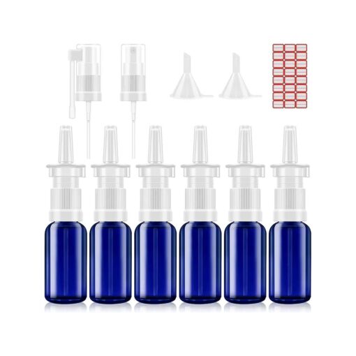 FZENeast Nasal Spray Bottle, 6 Pcs 30ML/1oz Glass Refillable Continuous Fine Mister Spray Bottles, Small Empty Nasal Sprayer with Different Sprayers, Funnels, Travel Clips and Labels ( Blue )