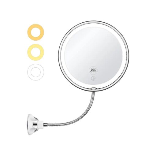 KEDSUM Lighted Makeup Mirror, 10X Magnifying Makeup Mirror with Suction Cups, Upgraded 3 Colors & Dimming Lights, 360deg Swivel Flexible Mirror, Magnifying Travel Vanity Mirror for Bathroom Shaving