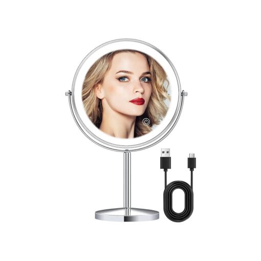 8" Makeup Mirror with Lights, Rechargeable 1X/10X 3 Colors Lighting Magnifying Lighted Makeup Vanity Mirror with Double Sided 360deg Swivel Touch Sensor Dimming Brightness Travel Mirror