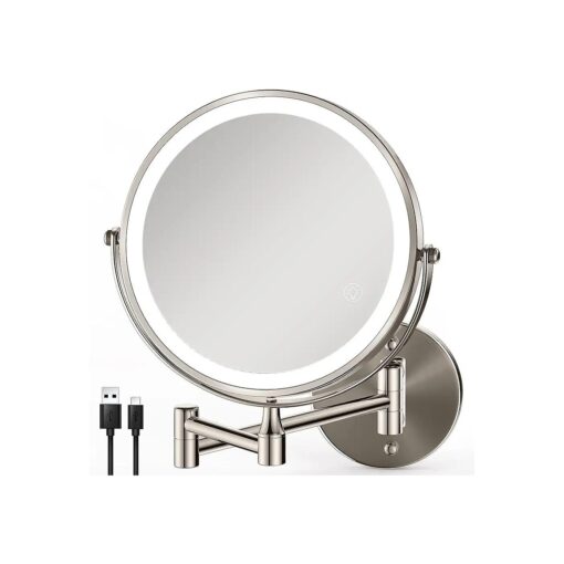 Rechargeable Wall Mounted Makeup Mirror Brushed Nickel, 8.5" Magnifying Mirror with Lights Double-Sided 1X/10X 360deg Rotation Extension Bathroom Shaving Mirror with Foldable Arm