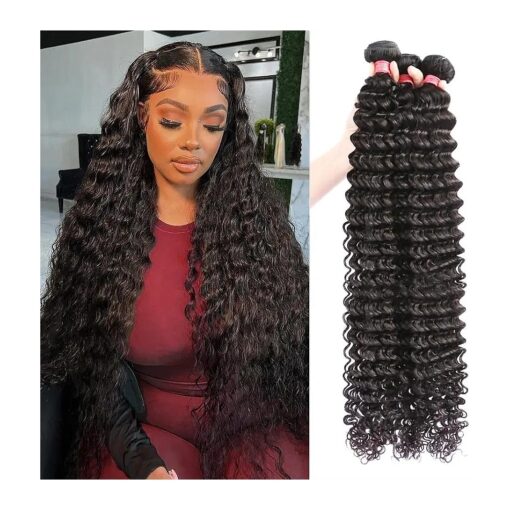 12A Deep Wave Human Hair Bundles 24 26 28 Inch Brazilian Deep Wave Curly Bundles Human Hair 3 Bundles 100 % Unprocessed Virgin Remy Wet and Wavy Human Hair Weave Bundles Deals Natural Black