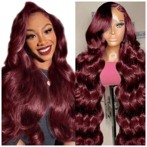 Gemlong 28 inch 99j Burgundy Lace Front Wigs Human Hair 13x4 Body Wave HD Lace Front Wigs Human Hair 200 Density Glueless Wigs Human Hair for Women Pre Plucked with Baby Hair Red Human Hair Wig