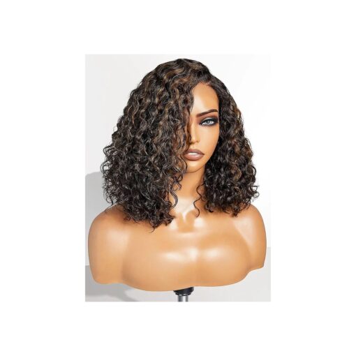 LUVME HAIR 12" Curly Glueless Wigs Human Hair Pre Plucked Pre Cut, Undetectable HD Lace Curly Bob Wig Human Hair Short Black Wig with Blonde Highlights Ready to Go Wig 180 Density