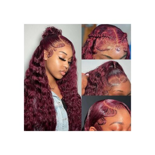 VELOMA Deep Wave 180 Density HD Lace Front Wigs Human Hair Burgundy 13x4 Lace Frontal Wig, Burgundy Glueless Human Hair Wigs For Women Deep Wave Lace Front Wigs Human Hair Replacement Wigs 22 Inch