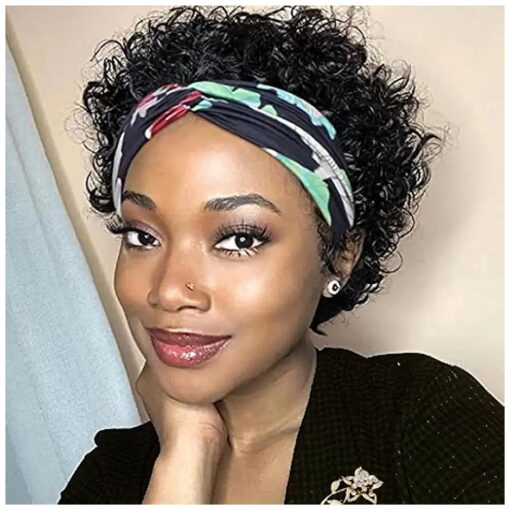 KESEN Headband Wig Human Hair Short Curly Headband Wig Human Hair Wigs for Black Women Pixie Cut Kinky Curly Bob Glueless Half Wigs 180 % Density Natural Black 8Inch