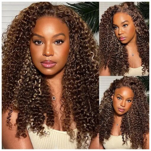 KLAIYI Ombre Highlight Piano Brown Lace Front Wigs Human Hair Kinky Curly Wigs 13x4 HD Transparent Lace Frontal Wigs for Women Pre Plucked With Baby Hair P430 Color Glueless Wigs 180 % Density 20Inch