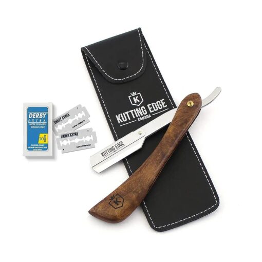 Kutting Edge - Professional Straight Edge Razor - Barber Straight Razor with 10 Derby Double Edge Blades - Brown Wood Handle Stainless Steel Traditional Barber Shaving Razor