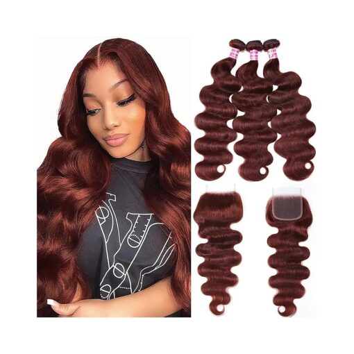 10A Reddish Brown Bundles with Closure Human Hair Body Wave Bundles with Closure ( 16 18 20+16inch, Free Part ), 33B Cooper Red Colored Human Hair Bundle with Closure Brazilian Virgin Hair