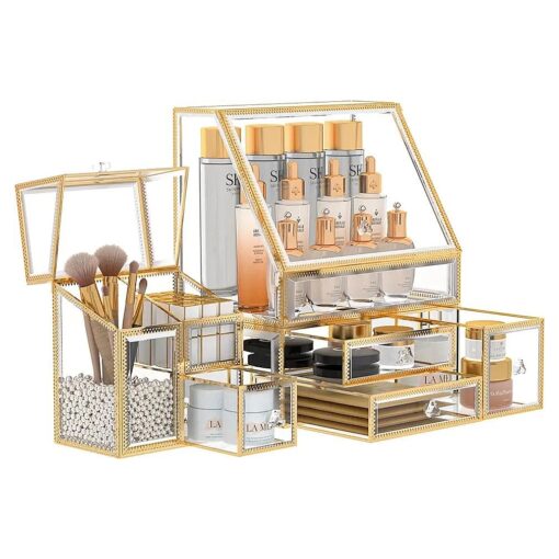 Makeup Organizer - High Hardness Glass Cosmetic and Skincare Organizer for Vanity and Bathroom Countertop Storage