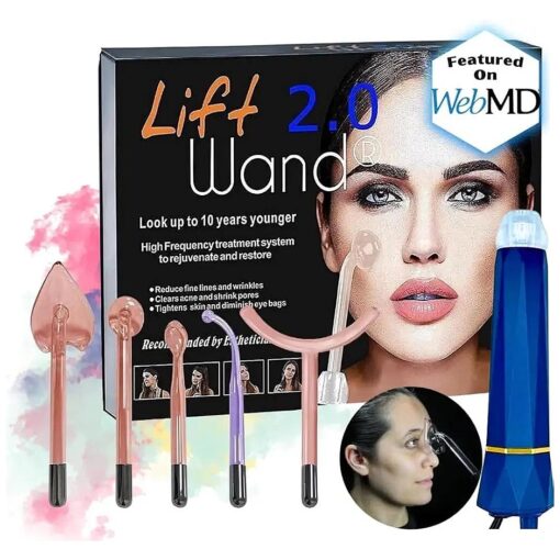 Lift Wand 2.0 Premium High Frequency Wand w/Exclusive Nose Attachment Includes 5 Electrodes High Frequency Facial Device Skin Therapy Wand Machine Skin Tightening Anti Aging Scars Dark Circles