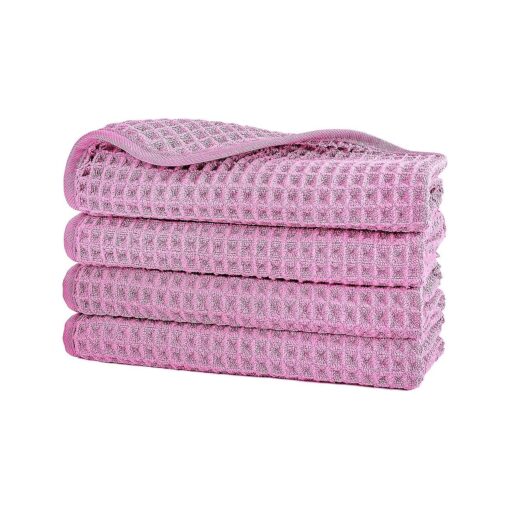 POLYTE Microfiber Lint Free Washcloth Face Towel, 13 x 13 in, 4 Pack ( Pink, Waffle Weave )