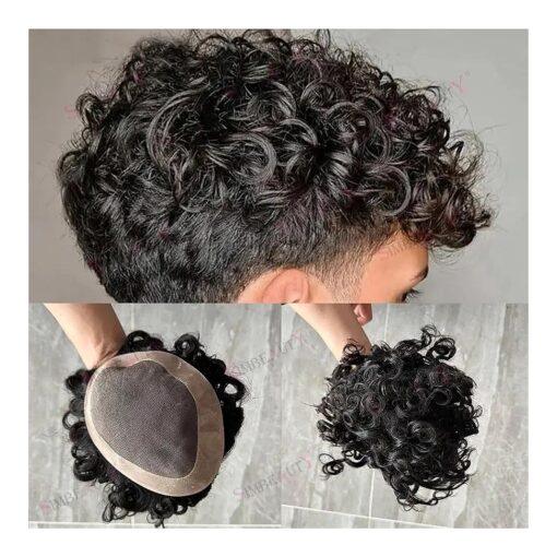 Durable Base Men 's Toupee Hairpieces Curly Hair 100 % Virgin Human Hair Replacement System Hair Topper Pieces for Men ( Mono Base # 1B ( Off Black ) 20mm Curl )