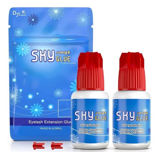 2 Bottles Sky Glue for Eyelash Extensions S+ | Super Strong Black Lash Extension Adhesive for Professional Long Lasting Semi Permanent Individual Lash Extensions | Fast Drying / 7+ Week Retention 5ml