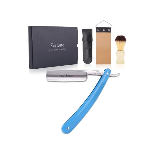 Zertone Straight Razor Kit with Hair Brush and Leather Strop, Straight Edge Razor with Carbon Steel Cutthroat Blade, Barber Razor ( Blue )