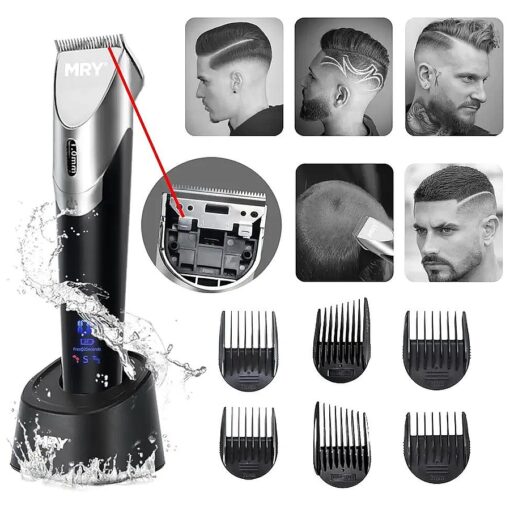 MRY Stainless Steel Cordless Clippers for Men Barber Women Professional Waterproof LCD Mens Clippers USB Rechargeable Hair Clippers ( Black with Silver Color )