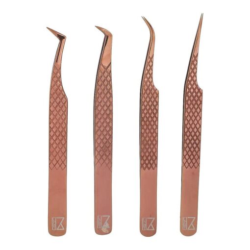 M LASH Eyelash Extension Tweezers ( Set of 4 ) - Professional & Precision Lash Tweezers for Eyelash Extensions - Japanese Steel, Diamond Grip, Fiber Tip ( Rose Gold )