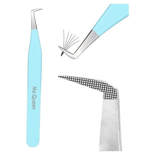 Ms.Queen Volume Tweezers For Eyelash Extensions, Fiber Tip Grip Lash Tweezers L-Shape Boot Mega Volume Mink Lashes Tweezers, Blue