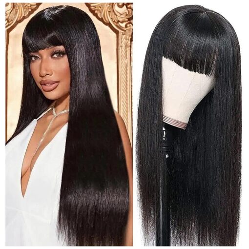 5x5 Glueless Wig Human Hair Straight Lace Front Wigs with Bangs Human Hair for Woman HD Lace Closure Wigs 180 % Density Natural Color 32 Inch