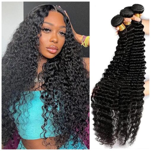 12A Brazilian Deep Wave Bundles Human Hair Bundles 22 24 26 Inch Deep Wave Wet and Wavy Human Hair 3 Bundles for Black Women Curly Wave Human Hair Bundles Water Wave Human Hair Extensions