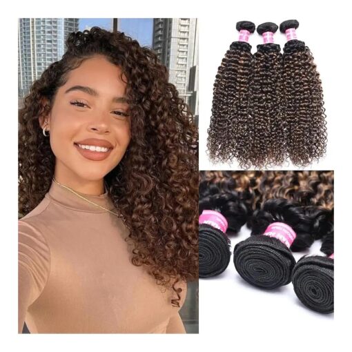 Sunber 12A Ombre Brown Curly Human Hair 3 Bundles 100 % Brazilian Virgin Jerry Curly Human Hair Extensions Brown Highlight Weaves Piano Color ( 16 18 20 ) Inch Two Tone FB30 Brown Color