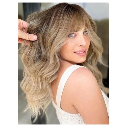 Ombre Blonde Wigs with Bangs Blonde Wigs for Women Long Wavy Curly Ombre Wig with Dark Root Synthetic Wig for Women Daily Party Use ( 20inch )