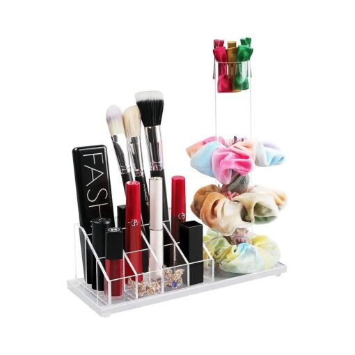 OAOLEER Scrunchies Holder & Lipstick Organizer - Acrylic Lip Gloss Holder with Scrunchie Storage, 10 Slots Clear Cosmetic Makeup Organizer Display Stand for Lipstick, Brushes, Nail Polish, Dresser