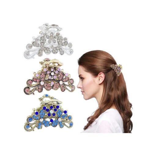 3 Pcs Vintage Rhinestone Hair Claw Clips Fashion Hair Clips Alloy Fancy Hair Claw Jaw Clips Pins, Metal Alloy Fancy Hair Barrette Decorative Flowers Hair Clamp for Women Thick Hair