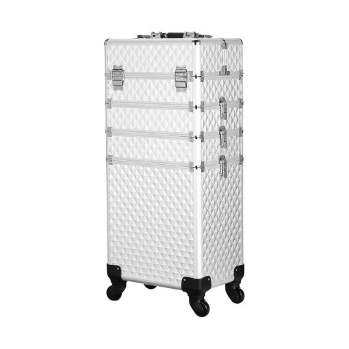 Channcase 4 in 1 Portable Traveling Aluminum Professional Makeup Trolley Cart with Multiple-Sized Compartments and Wheels, White