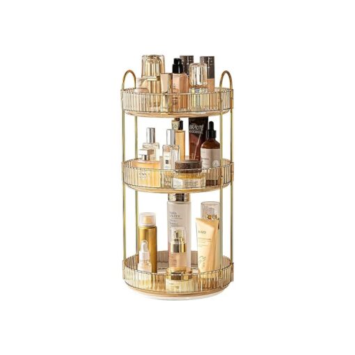 Makeup Organizer for Vanity, 360deg Rotating Bathroom Organizer Countertop, High-Capacity Skincare Organizer, Spinning Cosmetics Organizer for Dresser Countertop ( 3 Tiers, Amber )