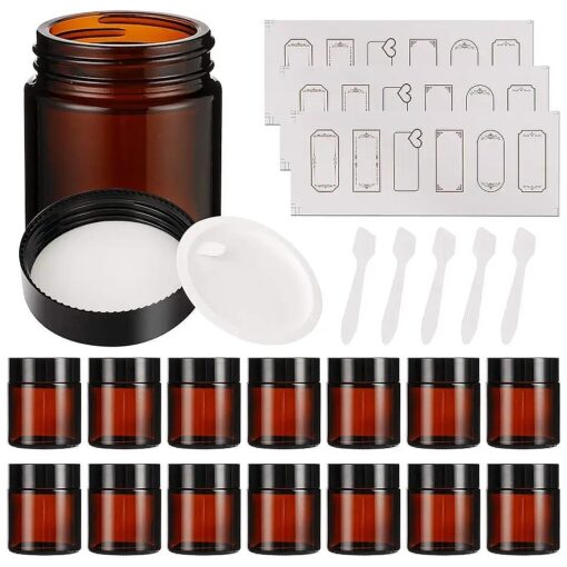 15 Pack 4 oz Amber Glass Jars with Lids, Round Empty Containers for Scrubs, Lotions, Cosmetic, Ointments and Butters, Travel Storage Jar with White Inner Liners PS ! Black Lids, lables and Spatulas