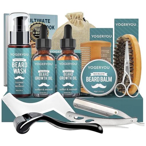 Beard Kit, Beard Grooming Kit W/Straight Razor,2 PACK Beard Oil, Beard Wash, Balm, Brush, Comb, Scissors Mens Birthday Christmas Gifts for Men Boyfriend Husband Beard Shaping Shaving Kit