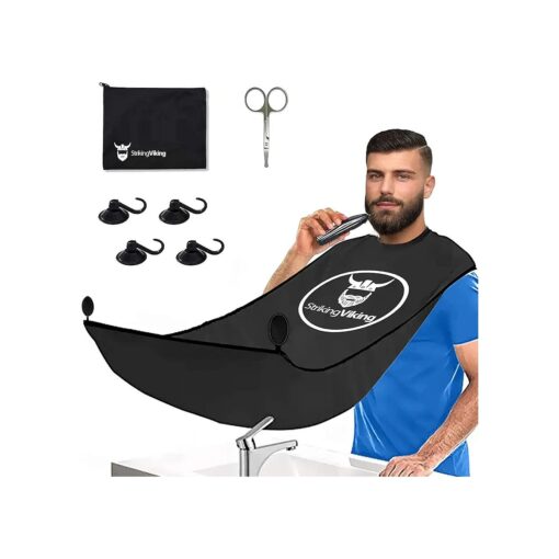 Striking Viking Beard Bib Hair Catcher Apron for Shaving and Trimming - 4 Piece Beard Bib Kit Grooming Kit with Beard Cape, Scissors, Extra Suction Cups, Storage Bag - Shaving Hair Catcher