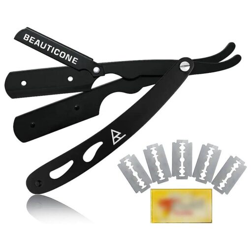 Straight Razor - Black Full Steel Barber Razor With Leaf Handle ( 5 double edge blades )