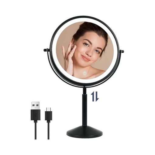 9" Lighted Makeup Mirror, TUSHENGTU 10X/ 1X Black Magnifying Makeup Vanity Mirror with Lights, Height Adjustable Rechargeable Makeup Mirror with Lights LED, 360degDouble Sided Mirror with 3 Color Lights