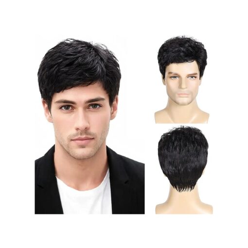 DDHAIR Mens Wigs Short Black Wigs for Men Natural Curly Layered Synthetic Full Hair Replacement Wig for Male Daily Wear Party Cospaly Costume Halloween ( 6inch, Black )