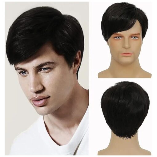 Swiking Black Short Men Wigs Synthetic Natural Hair Full Wigs for Male Guy Daily Party Wear ( Black )