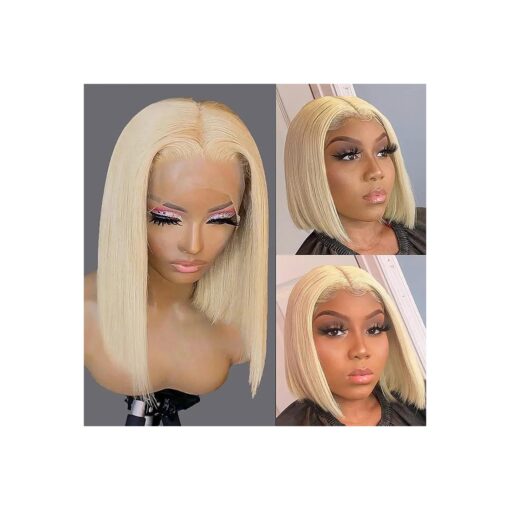 Blonde Bob Wigs Virgin Human Hair Pre Plucked Lace Front Wigs 13x1x4 T Part 150 % Density Short Straight Bob for Black Women Full Thick Ends 8 inch Bleached Knots Real Hair