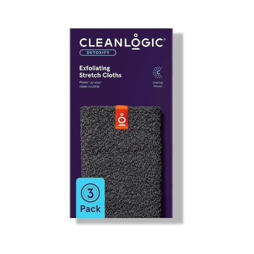 Cleanlogic Body Exfoliating Cloth, Stretchy Detox Charcoal Infused Exfoliator Bath and Shower Washcloths, Reusable Daily Skincare Tool, 3 Count Value Pack