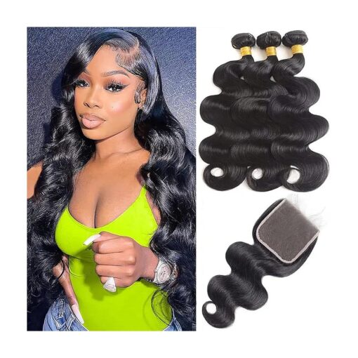 18 20 22 Inch Body Wave Bundles with Closure ( 16 Inch 5x5 HD Lace Closure ) Human Hair Brazilian 3 Bundles with Closure Unprocessed Virgin Human Hair Free Part