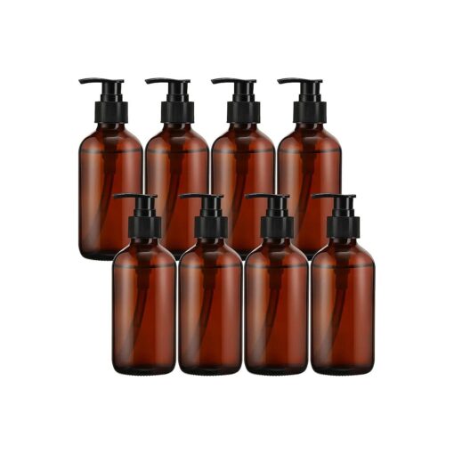 8 Pack Glass Pump Bottles with Black Lotion Pumps, 8 oz Refillable Pump Bottles Dispenser Thick Glass Lotion Soap Shampoo Containers Multipurpose for Cosmetic Kitchen Bathroom ( Brown )