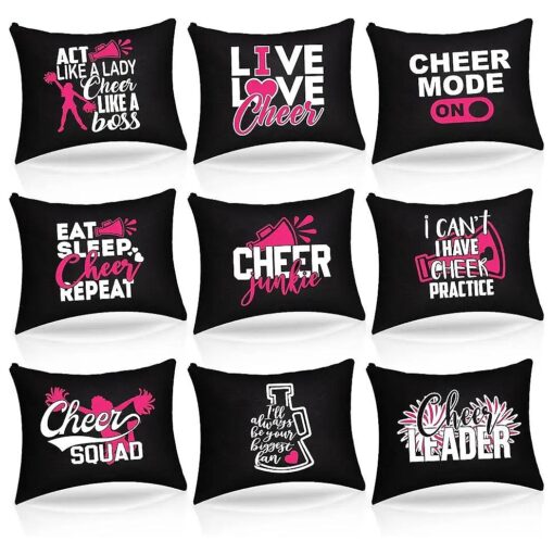 9 Pieces Cheer Makeup Bags Canvas Cheer Bag Cosmetic for Cheerleaders Gifts Cheer Portable Travel Cheerleading Bag Toiletry Cheer Makeup Case Gift Zipper Pouches for Teammates Girls ( Black )