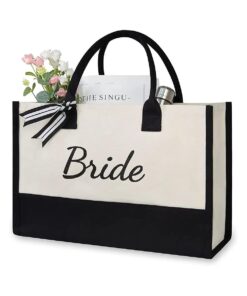 TOPDesign Canvas Tote Bag for Bride, Personalized Bride Gifts for Wedding Bridal Shower Bachelorette Party Engagement Honeymoon, Bridal Accessories Newlyweds Present